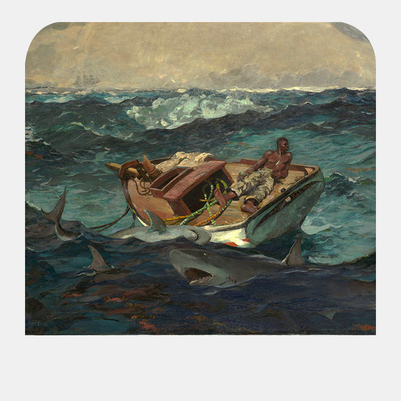 A man sits on a boat in the middle of the ocean, surrounded by sharks.